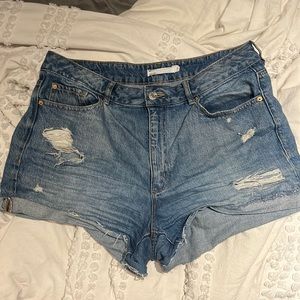 distressed blue denim mom shorts